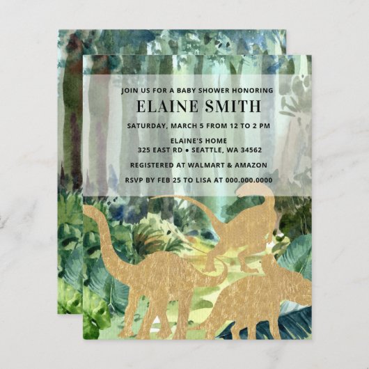 バジェット恐竜ユニセックス赤ちゃんシャワー招待状 (正面/裏面)