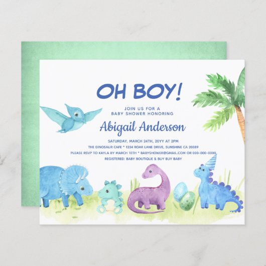 バジェット恐竜Ohボーイベビーシャワー招待状 (正面/裏面)