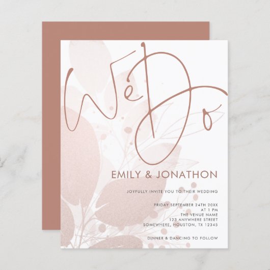 バジェット我々はバラ金ゴールドの葉結婚式招待状 (正面/裏面)