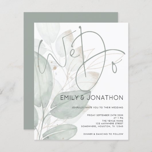 バジェット我々は水の色の葉の結婚式招待状 (正面/裏面)