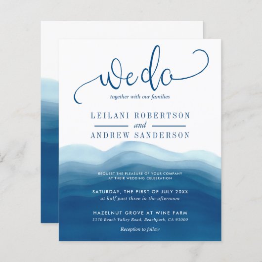 バジェット我々ブルーウォーター色結婚式招待状 (正面/裏面)