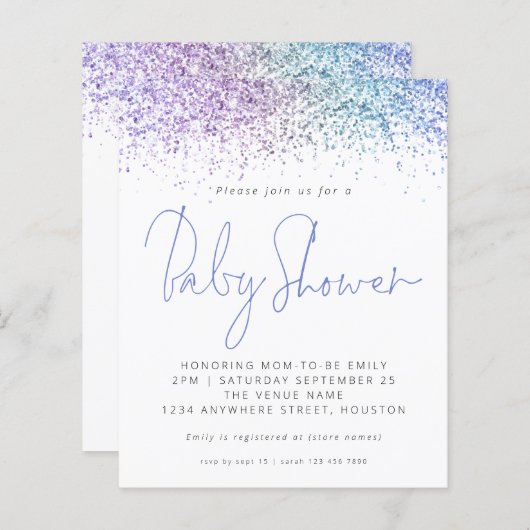 バジェット数々のカラーグリッターベビーシャワー招待状 (正面/裏面)