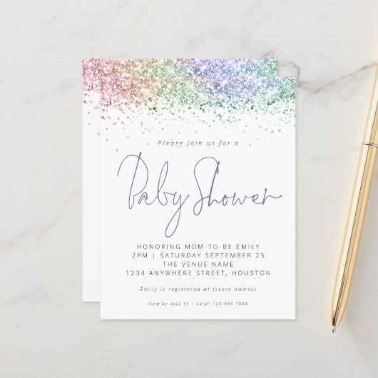 バジェット数々のカラーグリッターベビーシャワー招待状 (正面/裏面インサイチュ)