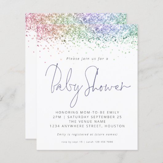 バジェット数々のカラーグリッターベビーシャワー招待状 (正面/裏面)