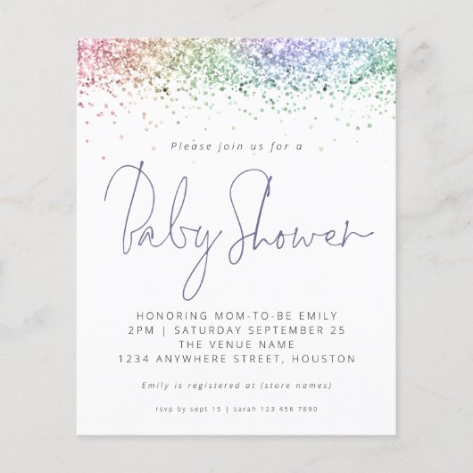バジェット数々のカラーグリッターベビーシャワー招待状 (正面)