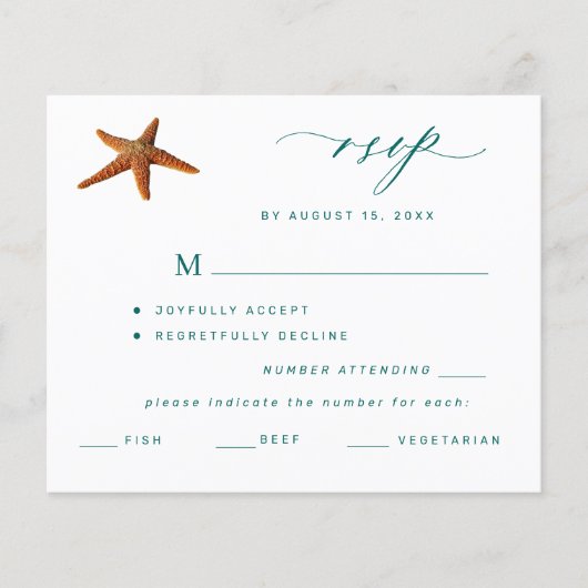 バジェット星魚アクアティール（緑がかった色）メニュー選択結婚式の出欠 チラシ (正面)