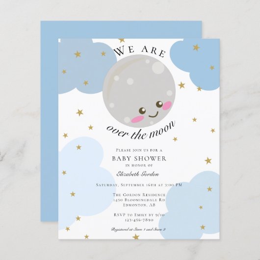 バジェット月の上の赤ちゃんシャワー青かわいいかわいい (正面/裏面)