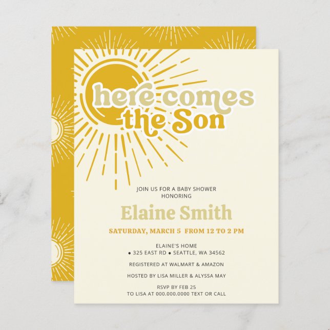 バジェット来ここで息子レトロ少年の赤ちゃんシャワー (正面/裏面)