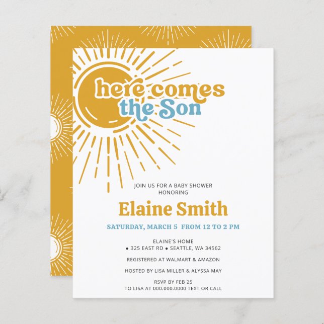 バジェット来ここで息子レトロ少年の赤ちゃんシャワー (正面/裏面)