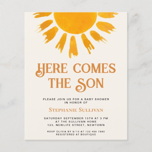 バジェット来ここの息子の男の子の赤ちゃんシャワー招待状 (正面)