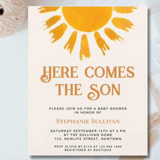 バジェット来ここの息子の男の子の赤ちゃんシャワー招待状