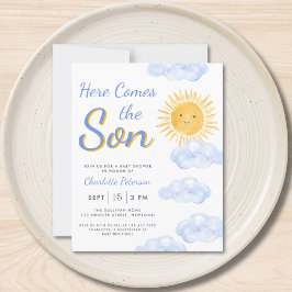 バジェット来ここの息子の男の子の赤ちゃんシャワー招待状