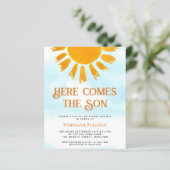 バジェット来ここの息子の男の子の赤ちゃんシャワー招待状 (スタンド正面)