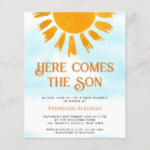 バジェット来ここの息子の男の子の赤ちゃんシャワー招待状 (正面)