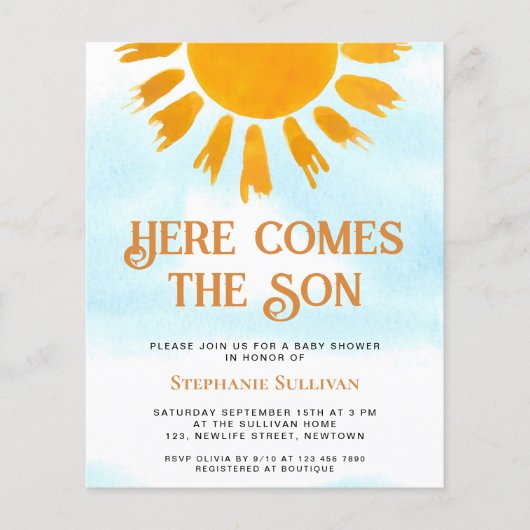 バジェット来ここの息子の男の子の赤ちゃんシャワー招待状 (正面)