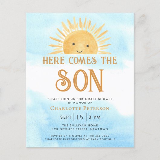 バジェット来ここの息子の赤ちゃんシャワー招待状 (正面)