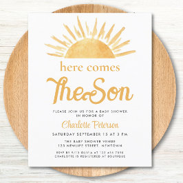 バジェット来ここの息子の赤ちゃんシャワー招待状