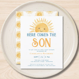 バジェット来ここの息子の赤ちゃんシャワー招待状