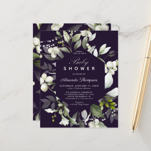 バジェット植物学 |パープルベビーシャワー招待状 (正面/裏面インサイチュ)