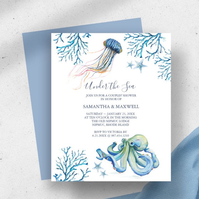 バジェット水の色のベビーシャワーアンダーザシーテーマ (baby boy shower invitations watercolor under the sea watercolor octopus starfish corals DoTellABelle)