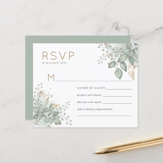 バジェット水の色の葉の緑の金ゴールド結婚式RSVP (正面/裏面インサイチュ)