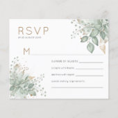 バジェット水の色の葉の緑の金ゴールド結婚式RSVP (正面)