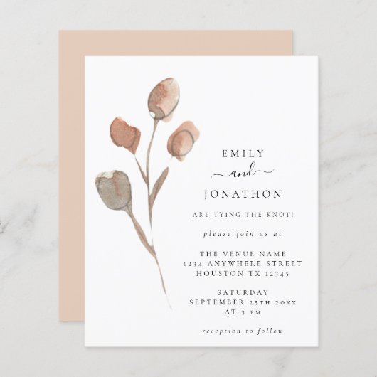 バジェット水の色アート葉の結婚式の招待 (正面/裏面)