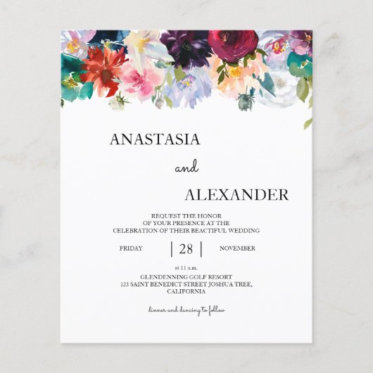 バジェット水の色結婚式招待状。招待状 (正面)