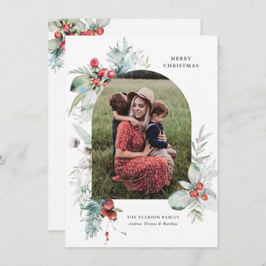 バジェット水カラーフローラアーチフォトクリスマス シーズンカード (正面/裏面)