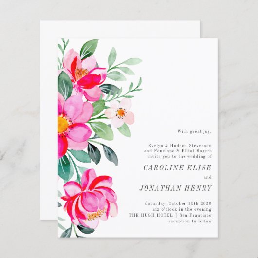 バジェット水カラーフローラフォーマルウェディング招待 (正面/裏面)