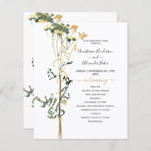 バジェット水カラー素朴結婚式 プログラムカード。 (正面/裏面)