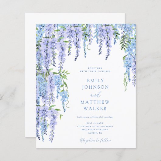 バジェット水彩ほこりっぽい青いフローラ結婚式の招待 (正面/裏面)