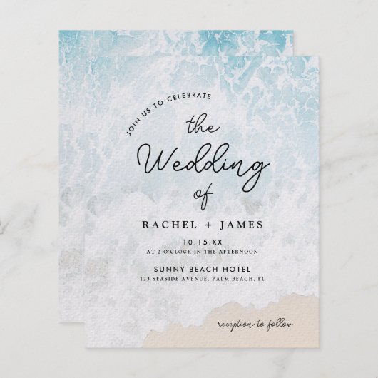 バジェット水彩オンビーチ結婚式招待状 (正面/裏面)
