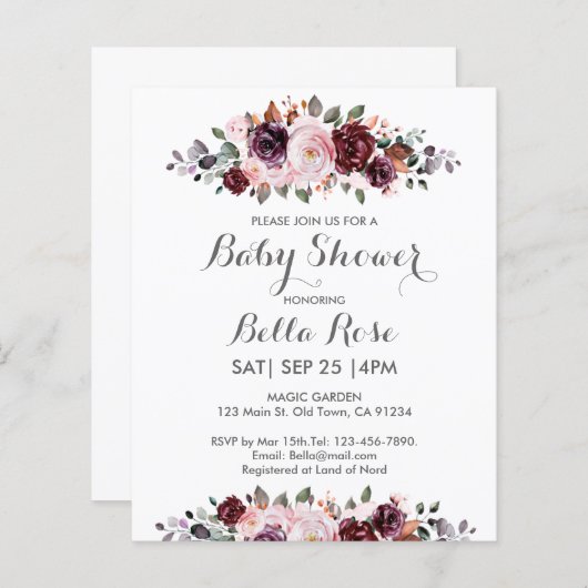 バジェット水彩フローラベビーシャワー招待状 (正面/裏面)