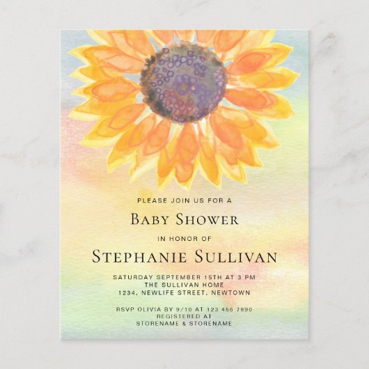 バジェット水色ひまわり赤ちゃんシャワー招待状 (正面)