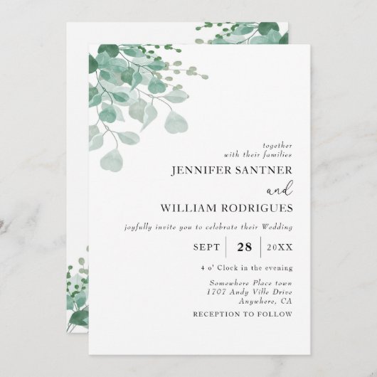 バジェット水色グリーンユーカリ結婚ス 招待状 (正面/裏面)