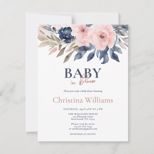 バジェット水色ピンクブルーフローラ赤ちゃんシャワー 招待状 (正面)