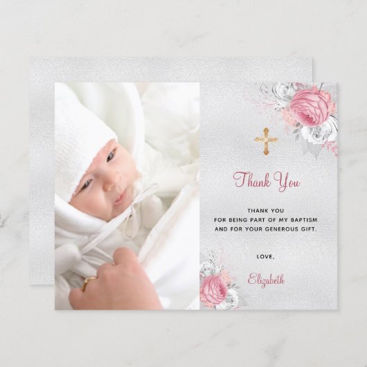 バジェット洗礼ピンクフローラフォト感謝していシルバー (正面/裏面)