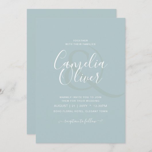 バジェット海ガラスセージ緑のモノクローム結婚ズ 招待状 (正面/裏面)