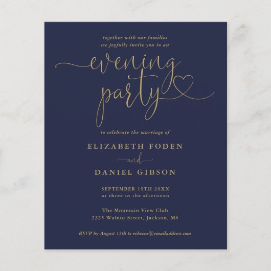 バジェット海軍と金ゴールド夕べパーティー結婚式の招待 (正面)