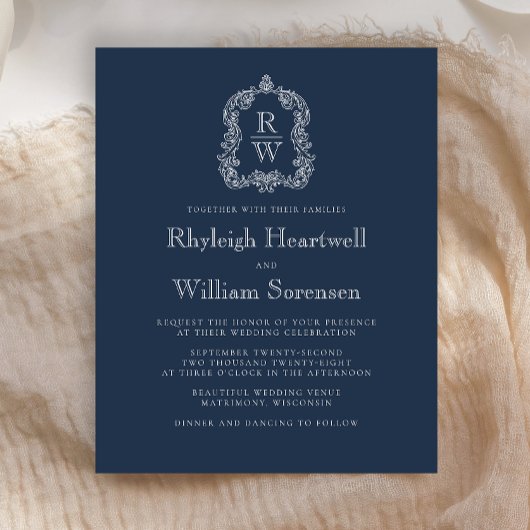 バジェット海軍ブルーモノグラムクレストウェディング招待