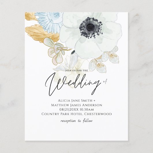 バジェット海軍ホワイト金ゴールドフローラ結婚式の招待 (正面)