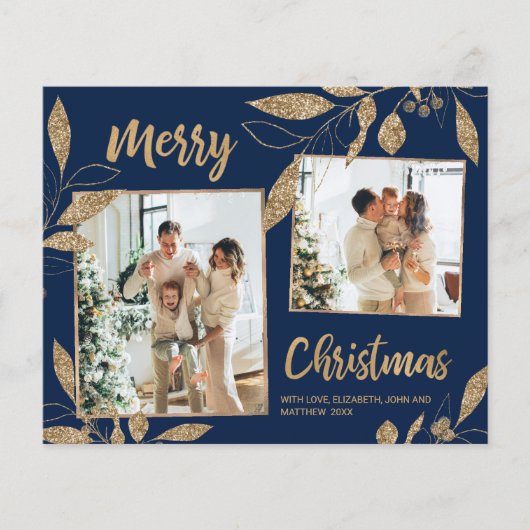バジェット海軍葉金ゴールド2 Photo Christmas Card (正面)