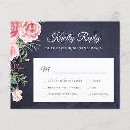 バジェット海軍赤面ピンクフローラ結婚式RSVP チラシ