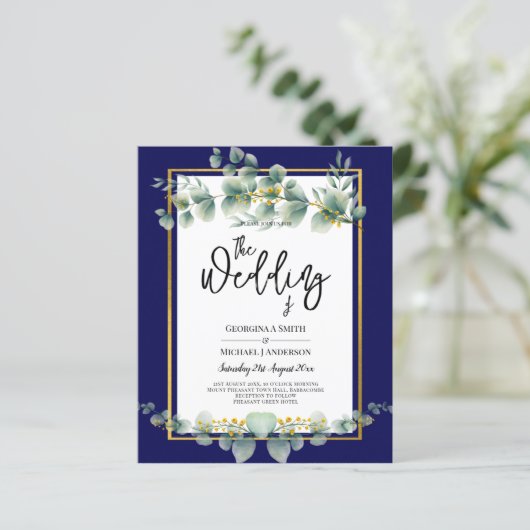 バジェット海軍金ゴールドユーカリ結婚式QRコードを招待 (スタンド正面)