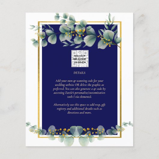 バジェット海軍金ゴールドユーカリ結婚式QRコードを招待 チラシ (裏面)