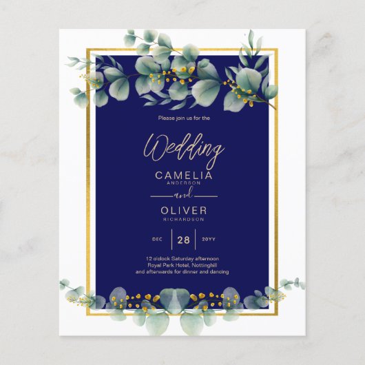 バジェット海軍金ゴールドユーカリ結婚式QRコードを招待 チラシ (正面)