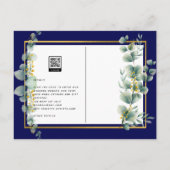 バジェット海軍金ゴールドユーカリ結婚式QRコードを招待 ポストカード (裏面)