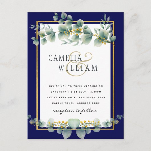 バジェット海軍金ゴールドユーカリ結婚式QRコードを招待 ポストカード (正面)