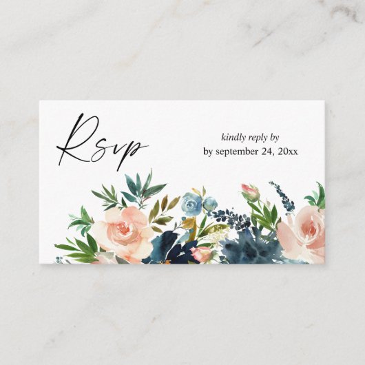 バジェット海軍、ダスティーブルーズ&ピンクフローラ2SM食事RSVP エンクロージャーカード (正面)